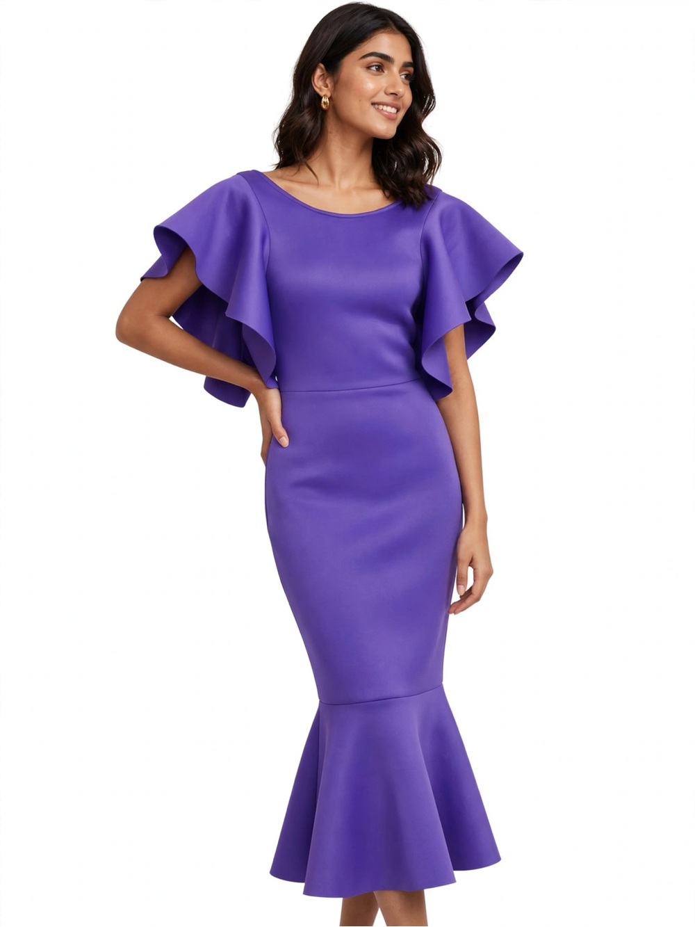 Jo Aguirre S Purple Ruffle Sleeve Midi Dress Mermaid Hem Cocktail Party NWT